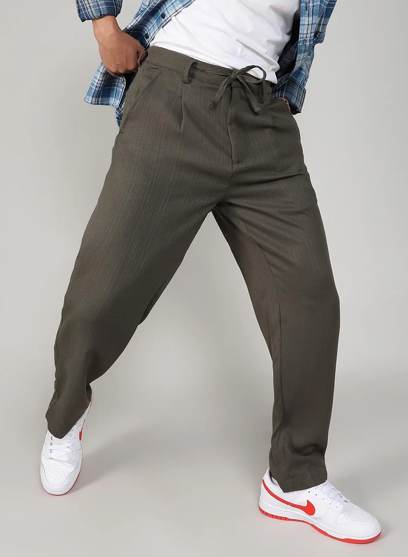 Campus Sutra  Men's Olive Green Tailored Linen-Blend Trousers For Casual Wear | Tailored Fit | 4 Pockets | Drawstring Closure | Trousers Crafted With Comfort Fit For Everyday Wear for Men | Best Price UAE